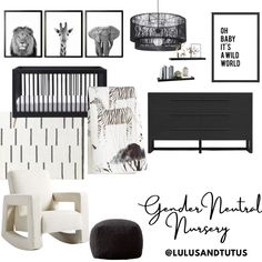 a black and white nursery room with pictures on the wall