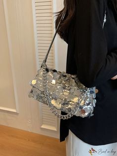 BirdinBag - Chic Glitter Evening Bag with Adjustable Strap - Stylish & Functional Silver Crossbody Bag For Party, Party Shoulder Bag With Sequins, Sequin Shoulder Bag For Party, Silver Large Capacity Shoulder Bag For Party, Large Capacity Silver Party Bag, Sequin Decor, Chain Pattern, Shoulder Chain, Word Wrap