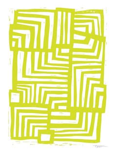 an abstract yellow and white painting with lines on it's surface, in the shape of a square