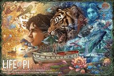 the cover art for life of pi, featuring an image of a boy and two tigers