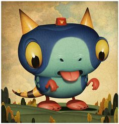 an illustration of a blue monster with big eyes and yellow ears, standing on a hill