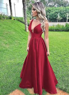 Red V-neck Evening Dress For Banquet, Red V-neck Evening Dress For Summer, Red V-neck Evening Dress For Prom, Red V-neck Banquet Dress, Red V-neck Maxi Dress For Banquet, Elegant Red V-neck Party Dress, Elegant Red V-neck Maxi Dress, Red V-neck Evening Dress For Prom Season, Red A-line Maxi Dress For Prom