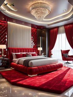 a red and white bedroom with a chandelier