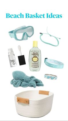 the beach basket is filled with items like sunglasses, sunscreen and eyeglasses