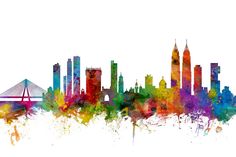 a city skyline painted in watercolor on a white background