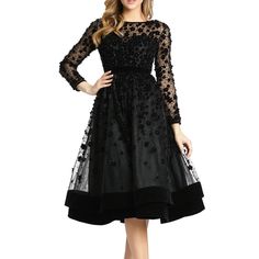 Mac Duggal Embellished Floral Appliqu A-Line Tea Length Dress In Black 67007d Velvet Waistband Sheer Long Sleeves Strapless Lining Sheer Back Embellished With Flowers And Beads Sheer Bateau Neck And Bracelet Sleeves Flared Mesh Skirt Weighted By A Velvet Hem New With Tags There Is A Loose Flower On One Sleeve, Pictured In The Last Photo. Otherwise In Good Condition. Approximate Measurements: Armpit To Armpit 16 Inches, Waist 13.5 Inches, Length 43 Inches Size 4 No Stains Item Rack 1 Fit And Flar Black Tea Length Dress, Tea Length Cocktail Dresses, Tulle Overlay Skirt, Long Sleeve Lace Gown, Mac Duggal Dress, Floral Applique Dress, Tea Length Dress, Black Tie Gala, Mac Duggal Dresses