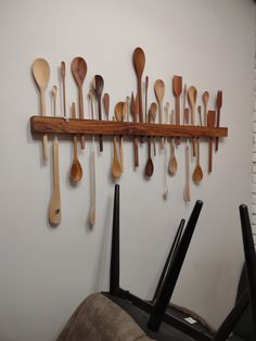 wooden spoons are hanging on the wall