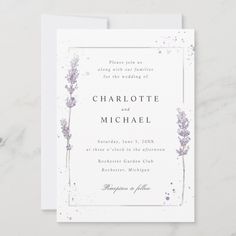 a wedding card with watercolor lavender flowers on the front and back, in white paper