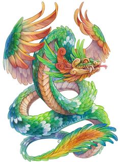 a drawing of a green and orange dragon