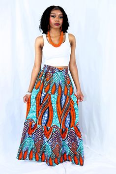 Women's long maxi skirt- 100% Cotton Akara African fabric. Item can be custom made, processing time 7 days. Contact the seller with sizes and measurements to have your's made. Fitted Cotton Maxi Dress, Relaxed Maxi Skirt With Lining, Maxi Skirt With Lined And Relaxed Fit, Multicolor Relaxed Maxi Skirt, Fitted Orange Bohemian Maxi Skirt, Fitted Orange Maxi Skirt, Orange Maxi Skirt For Summer, Relaxed Orange Maxi Skirt, Fitted Multicolor Tiered Maxi Skirt