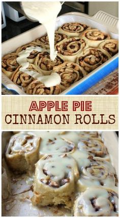 apple pie cinnamon rolls with icing being drizzled on top and in the background