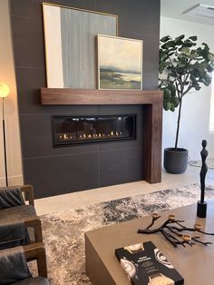 a living room with a couch, chair and fire place in front of the fireplace