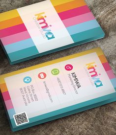 two colorful business cards with qr code on the front and one in the back