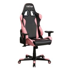 a pink and black office chair with wheels on the bottom, in front of a white background