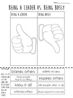 Help students learn how to tell the difference between being bossy and being a leader with this activity page. Leader In Me Activities, Character Counts Activities, Getting Along With Others Worksheets, I Am A Leader Worksheet, Leadership Activities For Kids, The Leader In Me, How To Be A Good Leader At School, How To Be The Best Leader