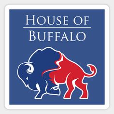 the house of buffalo logo is shown on a blue square sticker with red, white and blue colors