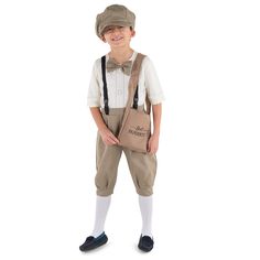 a young boy dressed in an old fashioned outfit with suspenders and a bow tie