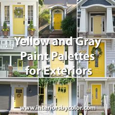 yellow and gray paint palettes for exterior doors with text overlay that reads, yellow and gray paint palettes for exterior doors