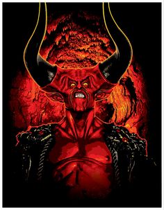 a red demon with horns and chains on his chest, standing in front of a mountain