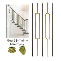 a set of stairs and railings with the words accent collection oak brass