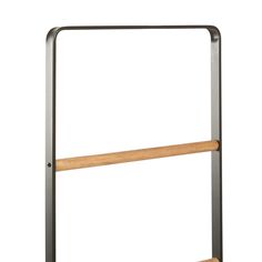 a metal and wood rack with two wooden bars on it's sides, against a white background