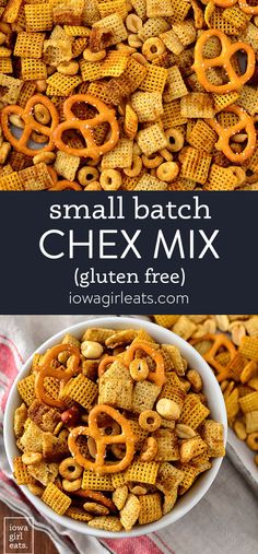 small batch chex mix in a white bowl