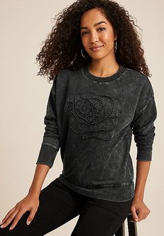 Rose Applique Oversized Fit Sweatshirt | maurices Trendy French Terry Tops With Ribbed Cuffs, Trendy French Terry Crew Neck Tops, Trendy Soft-washed French Terry Tops, Graphic Print French Terry Tops For Loungewear, French Terry Tops With Graphic Print For Loungewear, Graphic Print French Terry Tops For Fall, French Terry Tops With Graphic Print For Fall, Casual French Terry Crew Neck Top, Casual French Terry Tops With Graphic Print