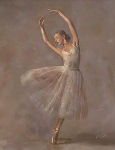 a painting of a ballerina wearing a tutu and holding her arms out in the air