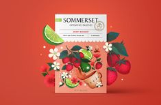 an orange box with strawberries, limes and strawberry slices on the side that reads sommeset organic blend