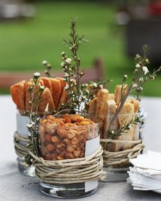 small baskets filled with food sitting on top of a table