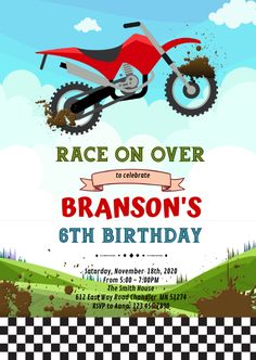 a red dirt bike birthday party card