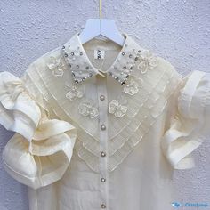 Orcajump - Exquisitely Crafted Embellished Floral Shirt with Beaded Diamond Insets and Flutter Sleeves Applique Blouse, Patchwork Blouse, Patch Work Blouse, Applique Shirts, Floral Accessories, Style Cardigan, Lace Embroidery, Floral Applique, Flutter Sleeves