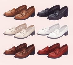 six pairs of women's loafers with different colors and sizes, all lined up in the same row