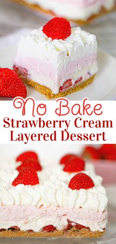 no bake strawberry cream layered dessert on a plate