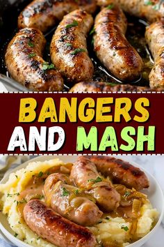 two pictures with different types of sausages and mashed potatoes