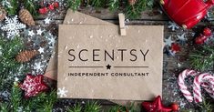 a piece of paper with the words scentsy on it surrounded by christmas decorations and candy canes