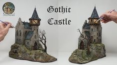 two pictures of a castle with trees and stairs, one is made out of paper