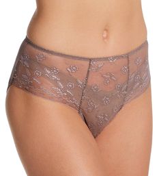 Mid-rise hipster panty has sheer lace front with floral embroidery and see-through mesh rear. Waist and leg openings have picot trim. Elastic at waist and leg openings provides a close fit. Picot trim highlights waist and leg openings. Flowers are embroidered all over sheer lace front. Seamless rear is see-through mesh. Moderate, "cheeky" rear coverage. Inner fabric/care info tags are sewn into back of waist. Mid-rise. Cotton crotch liner. Please note: Model is wearing thong (not included) for m Fitted Lace Bottoms With Full Coverage, Stretch Bottoms With Delicate Lace In Short Length, Fitted Mesh Brief Bottoms, Fitted High-cut Leg Bottoms With Delicate Lace, Elegant Full Coverage Lace Bottoms, Fitted Bottoms With Delicate Lace And High-cut Leg, Lace Brief Bottoms With Contrast Lace, High-cut Leg Lace Bottoms With Lace Trim, High-cut Lace Bottoms With Lace Trim