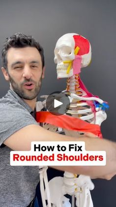 a man holding a skeleton and pointing at it with the words how to fix rounded shoulders