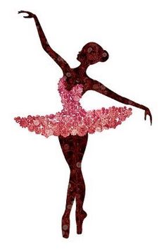 the silhouette of a ballerina in pink is shown on a white background with red flowers