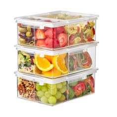 three plastic containers filled with different types of fruits and vegetables on top of each other