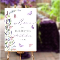 an easel with a sign that says welcome to elizabeth's wildflowers