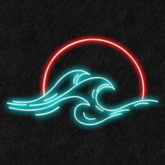 a neon sign that is on the side of a black wall with waves in it