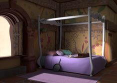 an animated bedroom with a canopy bed and purple sheets on the floor, next to a window