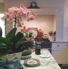 a kitchen counter with plates and flowers in pots on top of it, next to a clock