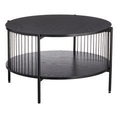 a round table with metal bars on the bottom and black wood inlays, against a white background