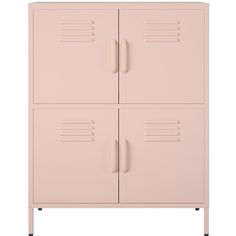 a pink cabinet with three doors and two drawers