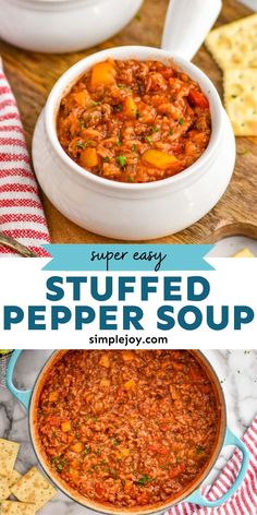 two bowls filled with stuffed pepper soup on top of a wooden table next to crackers