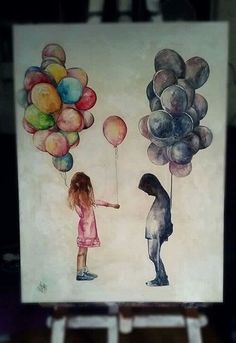 a painting of a girl holding balloons with a man standing next to her