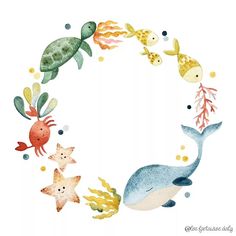 a watercolor painting of sea animals in a circle